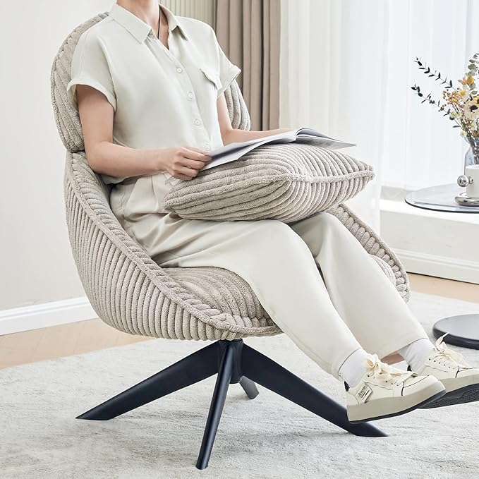 Furniliving Modern Living Room Chair, Swivel Accent Chair for Living Room Desk Chair with Arms Bedroom Chair with Headrest Sofa Chair Side Chair with Pillow Armchair,Corduroy, Grey