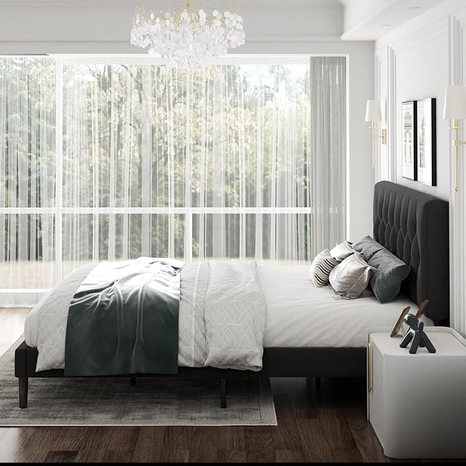 King Size Platform Bed Frame with Upholstered Headboard, Button Tufted Design, Strong Wooden Slats, No Box Spring Needed, Easy Assembly, Noise Free