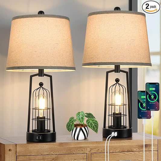 Farmhouse Table Lamps with 2 USB Ports, Set of 2 Rustic Industrial Desk Lamp for Living Room, 2-Light Black Bedside Lamp, Bedroom Nightstand Lamp with Beige Lampshade for House Decor, Reading