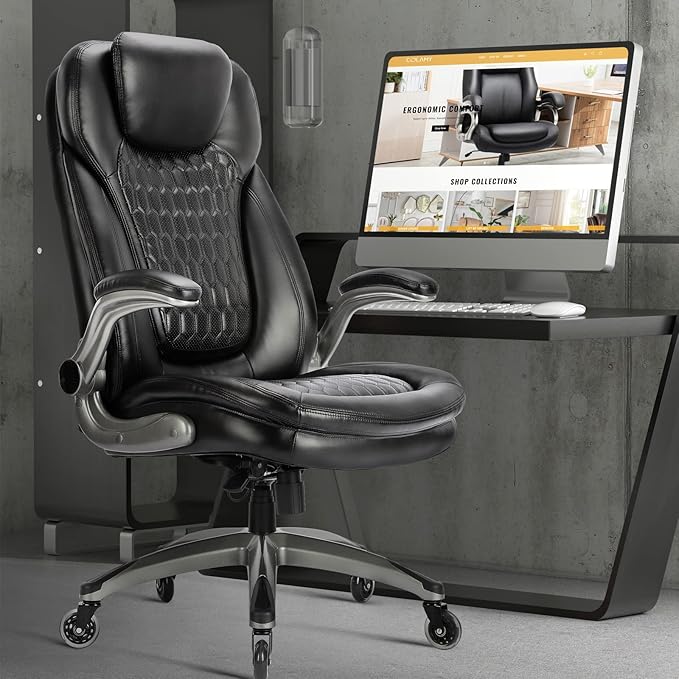 Executive Office Chair-Ergonomic Computer Desk Chair, High Back Leather Chair with Padded Flip-up Arms, Swivel Home Office Chair Upgraded Caster-Black
