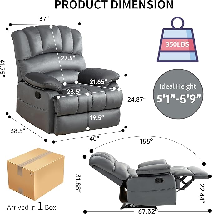 Large Recliner, 23" Wide Seat, A Recliner with Three Position, Recliner Chair Oversized with Two Side Pockets