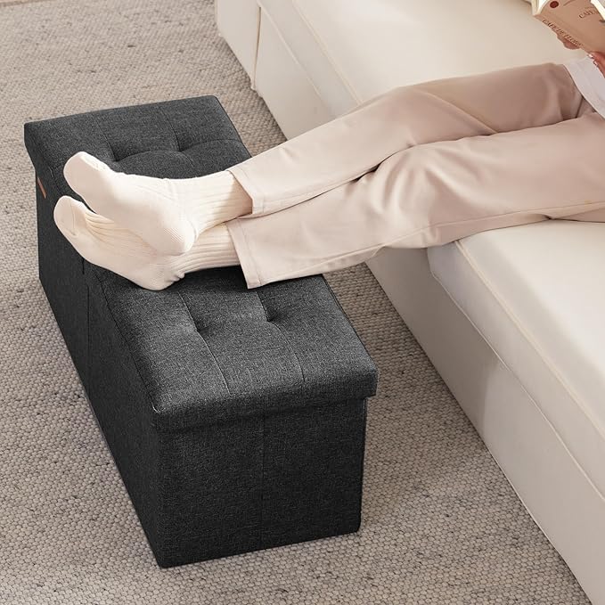 HAUSFRAU 31.5 Inches Ottoman with Storage, Folding Ottoman Bench Small Foot Rest Stool, Bedroom Bench with Flipping Lid, Linen Black