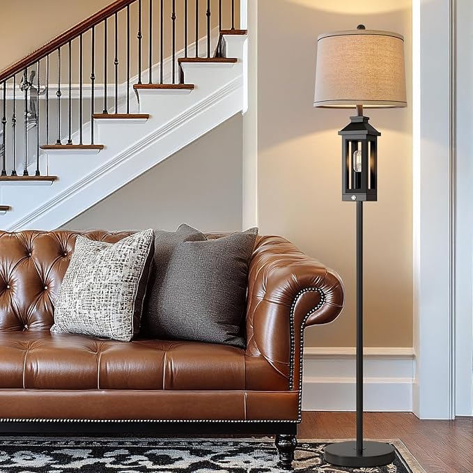 63" Floor Lamps for Living Room Bedside Nightstand Lamp All Black Tall Standing Lamp for Home Decor Bedroom Reading Lamp Farmhouse Rustic Bed Lights with 2 Light Sources (2 Bulbs)