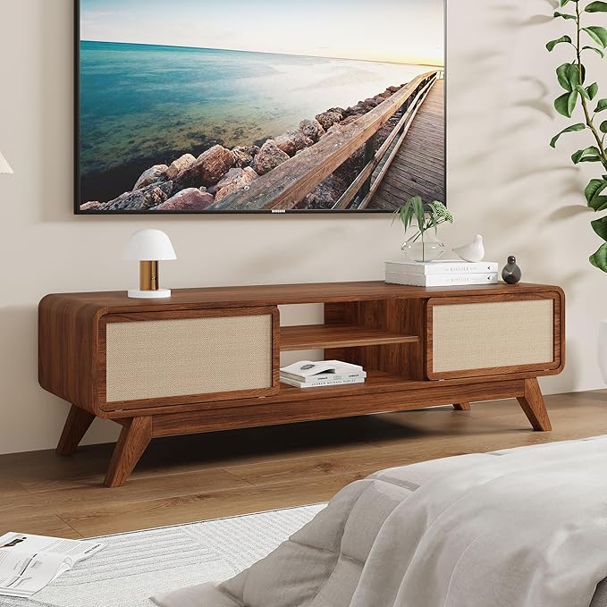 AVZEAR Mid Century Modern TV Stand for TVs up to 65'', Farmhouse Entertainment Center with Storage, TV Cabinet Table with Nature Linen Doors, Media Console TV Consoles for Living Room Bedroom (Walnut)