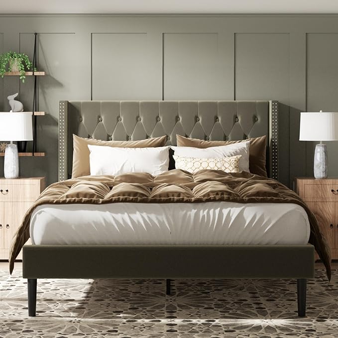 Queen Size Bed Frame, Upholstered Platform Bed with Wingback Headboard, Velvet Button Tufted, Easy Assembly, No Box Spring Needed, Green
