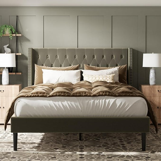 Full Size Bed Frame, Upholstered Platform Bed with Wingback Headboard, Velvet Button Tufted, Easy Assembly, No Box Spring Needed, Green