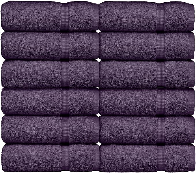 Luxury Hotel & Spa Collection Highly Absorbent, 100% Turkish Cotton 700 GSM, Eco Friendly Towel, for Bathroom, Gym and Kitchen Dobby Border Soft Towel Set (Plum, Wash Cloths - Set of 12)