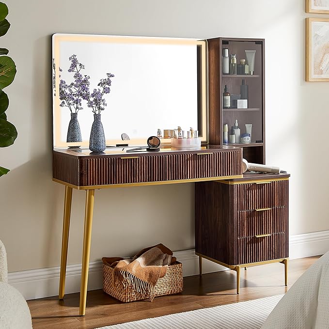 T4TREAM Fluted Makeup Vanity Desk with 36" HD Lighted Mirror, 48" Big Modern Vanity Desk with Mirror and Lights, Dressing Table with 5 Drawers & Shelves, Glass Top for Bedroom (Dark Walnut)
