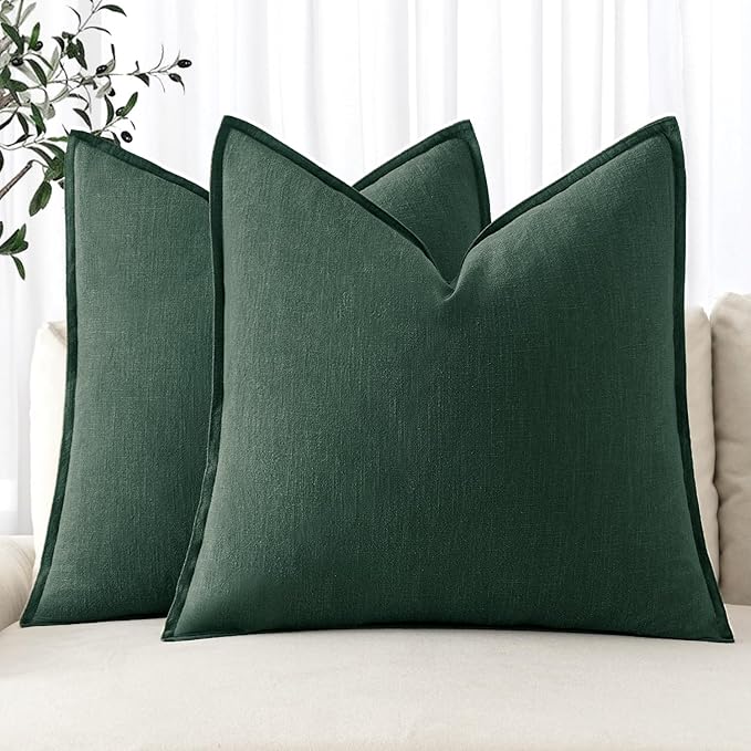 MIULEE Decorative Linen Euro Sham Pillow Covers 24x24 Dark Green Boho Farmhouse Neutral Couch Throw Pillows for Bed Pack of 2 Accent Modern Pillowcase Sofa Livingroom Home Decor