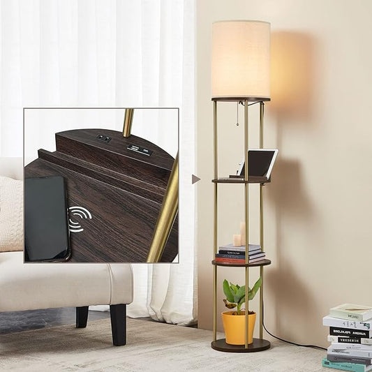 ATAMIN Modern Floor Lamp with Shelves and Fast Charging Ports – USB-C, USB, Wireless Charging, and Compact Storage Shelf Lamp for Connected Living