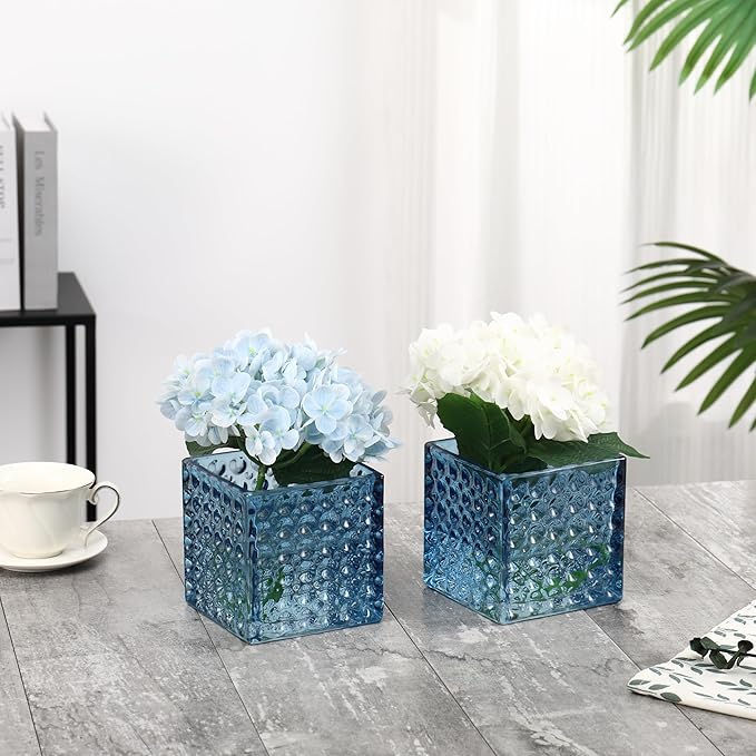 Square Vases Set of 6, 5" x 5" x 5" Square Glass Vases for Flowers, Blue Flower Vase for Centerpieces, Small Bubble Vase for Wedding, Party, Home, Office, Parties, Events