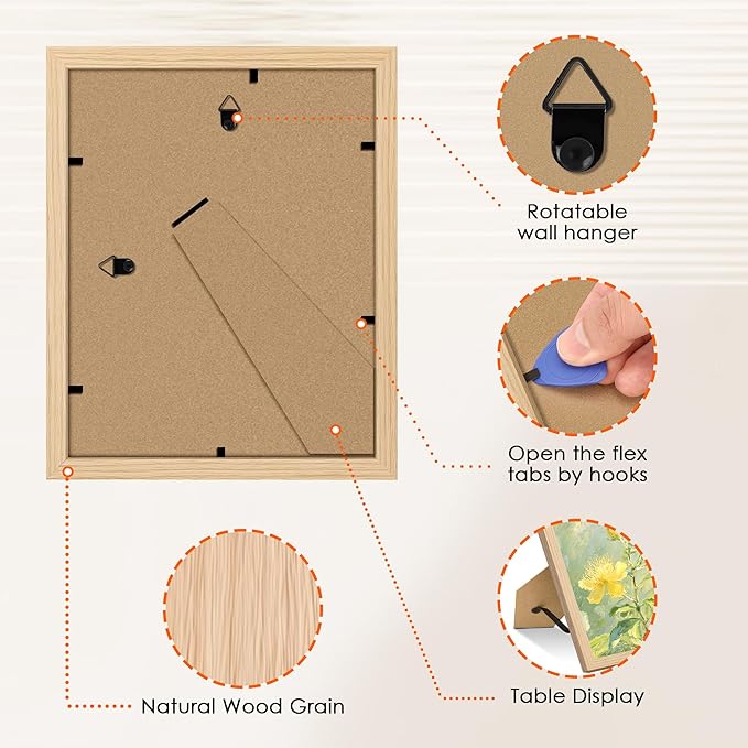 FIXSMITH 8x10 Picture Frame Set of 2, Photo Frame with HD Plexiglass, Display Pictures 5x7 with Mat or 8x10 Without Mat Multi Picture Frames Collage for Tabletop or Wall Display, Natural