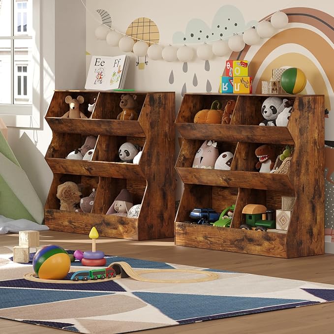DINZI LVJ Toy Storage Organizer, Kids Bookshelf, Wooden Toy Storage Cabinet, 6 Cubby Children Bookcase, 35.4" L Toddler Book Shelf for Playroom, Living Room, Nursery, Hallway, School, Rustic Brown