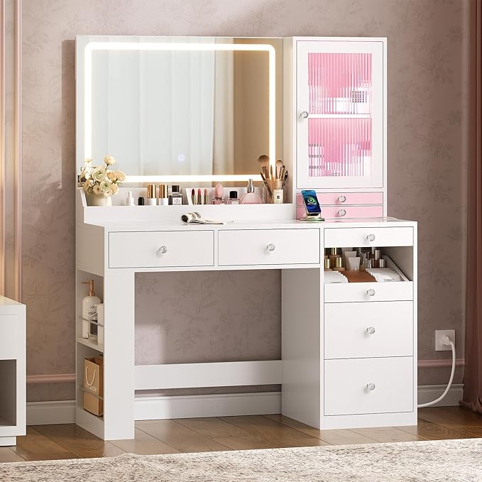 Makeup Vanity Desk with Mirror and Lights & Large LED Cabinet, Vanity Table with 2 Jewelry Boxes, 6 Drawers, and Built-in Shelves, Dressing Table with Power Outlets for Women Girls Bedroom, White