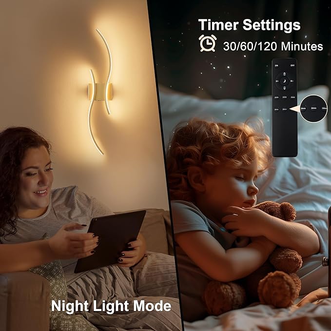 Battery Operated Wall Sconces Set of Two with Remote Control, Stepless Colors 3000K-6000K & Dimming, LED Gold Wireless Wall Light for Living Room, Hallway, Bedroom, 27.5 Inch (2 Pack)