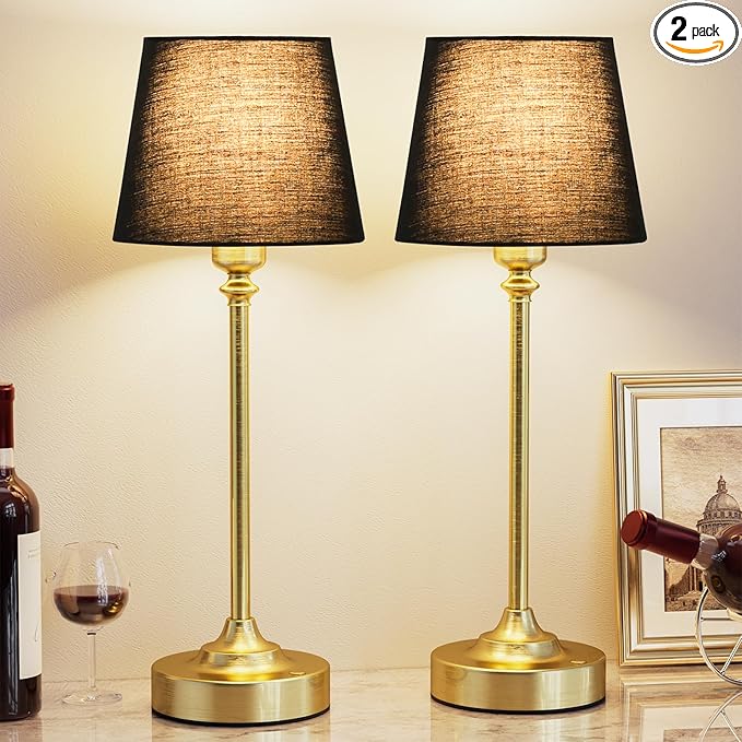 Kakanuo Cordless Table Lamps Rechargeable Set - 2 Pack Brass 4000mAH Battery Operated Lamps for Decor, 3000K Stepless Dimming Touch Wireless Lamp for Bedroom, Dining Table, Living Room, Black Shade