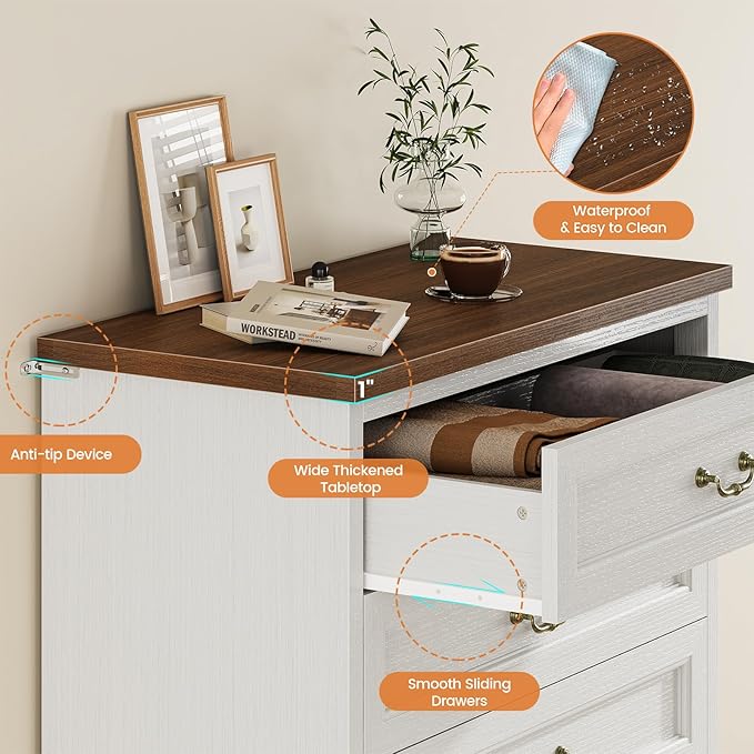 DICTAC Farmhouse 6 Drawers Dresser for Bedroom,51.2" Tall Rustic Wood Chest of Drawers,Large Storage Chest with Vintage Metal Handles, White Dresser for Bedroom,Closet,Hallway,White