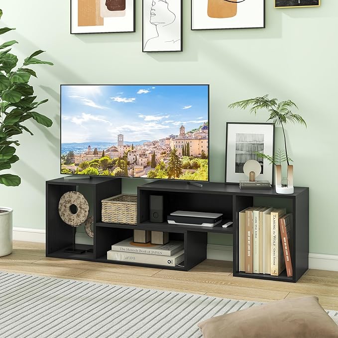 GOFLAME 2 Pieces TV Stand, Modern Entertainment Center for TVs up to 55 Inches, Free Combination Bookcase for Storage & Display, TV Console Table for Living Room, Bedroom, Black