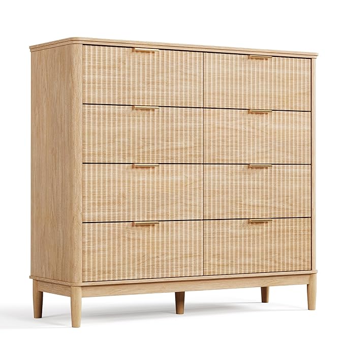 LINSY HOME Fluted Dresser for Bedroom with 8 Drawers, 47" Wide Chest of Drawers, Mid Century Modern Dresser TV Stand with Metal Handle, Wood Closet Storage Cabinet for Living Room, Hallway, Oak
