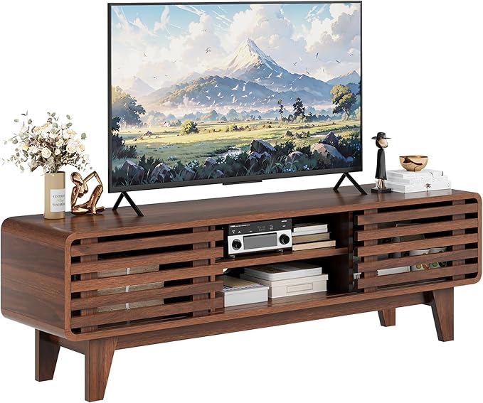 Luoxiao TV Stand for 60 Inch TV, Mid Century Modern Entertainment Center with Storage Boho Television Stand with Shelves and Grille Sliding Doors Wood Media Console for Living Room, Walnut