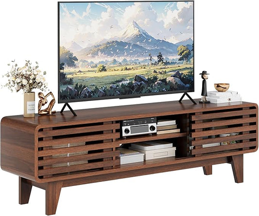 Luoxiao TV Stand for 60 Inch TV, Mid Century Modern Entertainment Center with Storage Boho Television Stand with Shelves and Grille Sliding Doors Wood Media Console for Living Room, Walnut