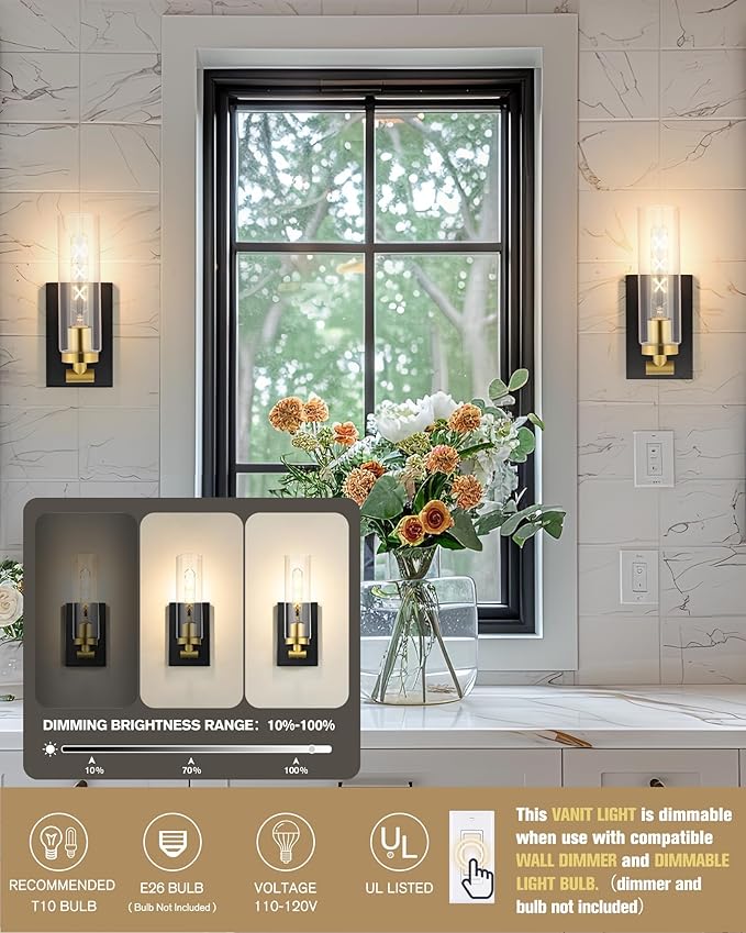 Emak Black and Gold Wall Sconces Set of Two, Modern Wall Sconce with Clear Glass Shade, Farmhouse 2 Light Bathroom Vanity Light for Living Room, Bedroom, Gallery, WS086-BKBGD-CG-2PK