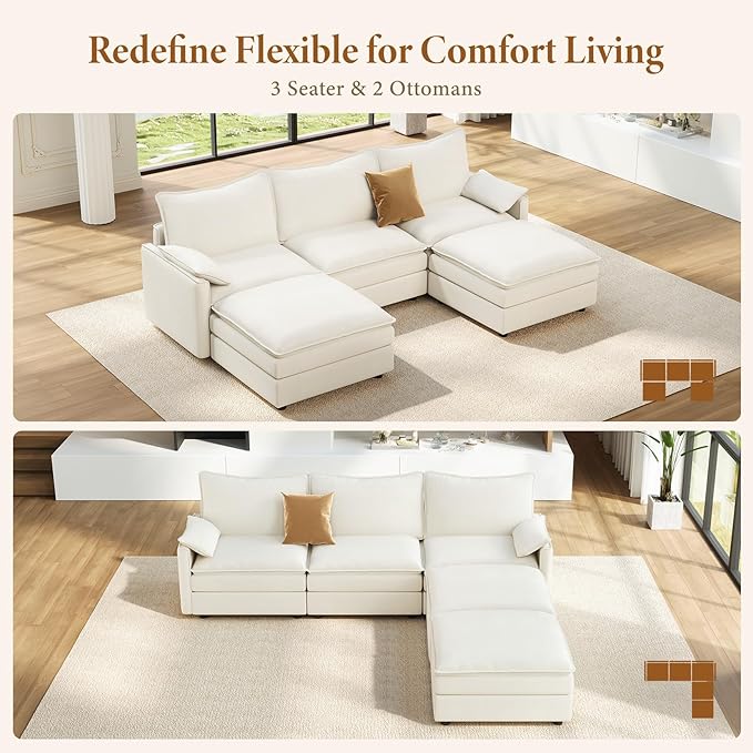 Vesgantti 108" U Shaped Sectional Couch, Comfy Cloud Modular Sectional Sofa with 2 Ottoman Deep Seat Chenille Modern Cloud Sofa, Modular Sofas for Living Room, Bedroom and Apartment, Snow White