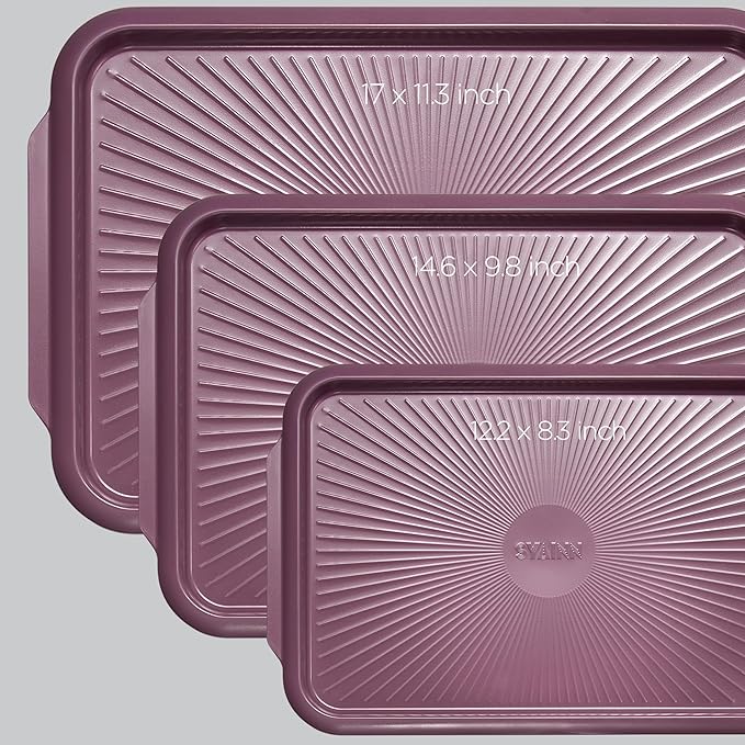 SYAINN Non-stick Ceramic Baking Sheet Set, 3 Pieces- Aluminum Steel Cookie Sheets for Baking-Includes Half/Quarter/Jelly Roll Pans-Warp Resistant, Toxic, PTFE & PFOA Free-Red