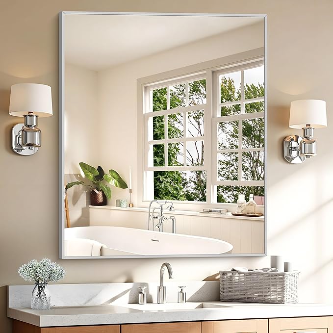 KOCUUY Silver Framed Mirror, 30"x36" Rectangle Bathroom Mirror for Wall, HD Tempered Glass, Anti-Rust Frame, Modern Design for Bathroom, Bedroom, Living Room, Entryway