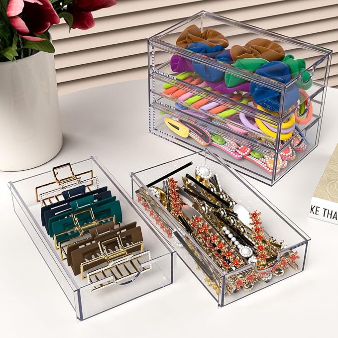 Noverlife 3 Drawers Hair Accessories Organizer, Clear Acrylic Hair Ties Desktop Craft Drawer Cabinet, Hair Claws Desk Organizer Storage Containers Box with Pull-Out Drawer for Bathroom Closet Office