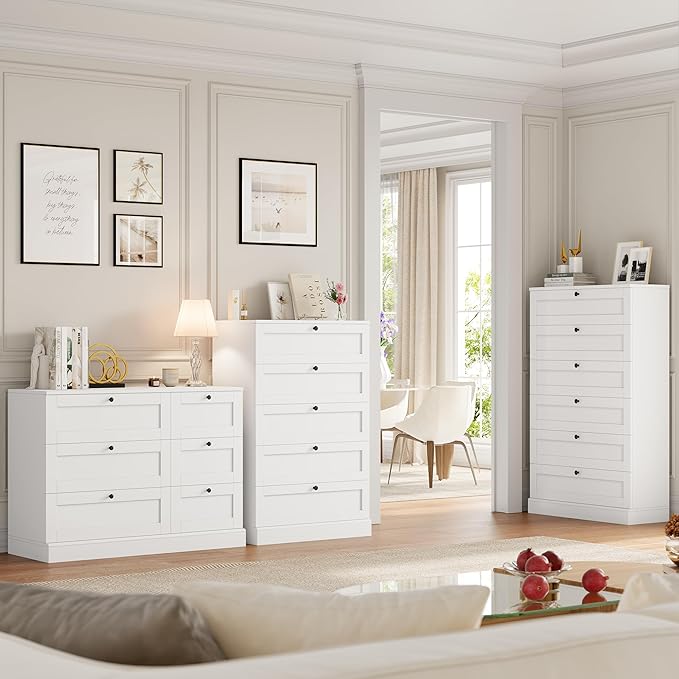 HOSTACK White 6 Drawer Dresser for Bedroom, 52" Tall Dresser & Chest of Drawers, 29" W Wood Drawer Chest, Modern Vertical Storage Cabinet for Living Room, Entryway, Hallway