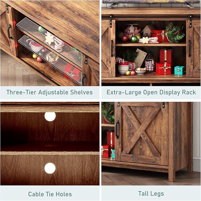 Farmhouse TV Stand for 55-65in TV with Adjustable Shelves & Sliding Barn Door - Rustic, Wooden Entertainment Center & Media Cabinet for Bedroom, Living Room (Dark Brown, 58in)