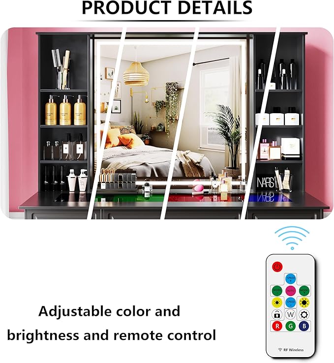 Vanity Desk with Mirror and Light, Glass Top Dresser with 9 Drawers, Vanity Table with Storage, Dressing Table, Bedroom Makeup Desk for Women (Black-Glass Top)