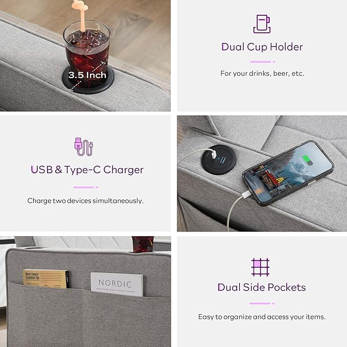 TYBOATLE Convertible Sleeper Chair Bed for Adults, 3-in-1 Pull Out Sofa Chair Bed with USB/Type-C Ports, Cup Holders, Side Pockets, Single Sofa for Living Room, Bedroom, Small Space (Grey)