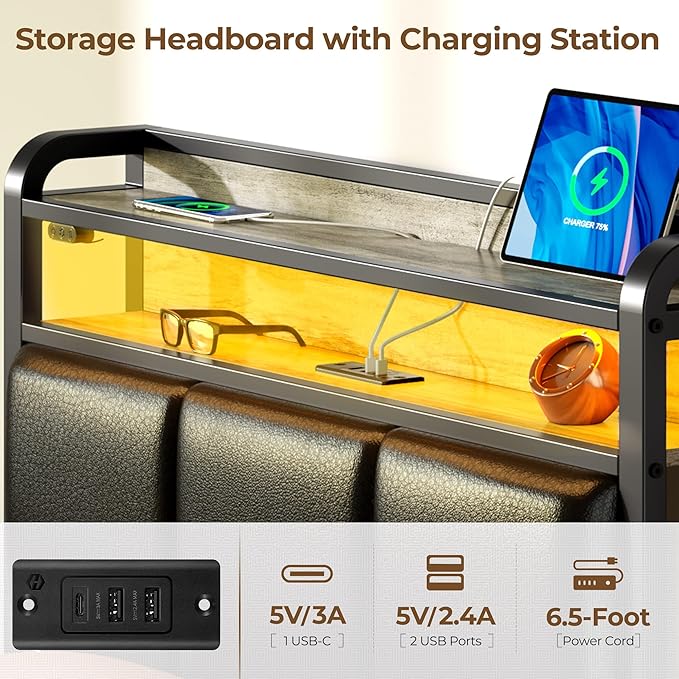 Rolanstar Bed Frame Twin Size with Charging Station and LED Lights, Upholstered Storage Headboard with Drawers, Heavy Duty Metal Slats, No Box Spring Needed, Easy Assembly, Vintage Grey and Black