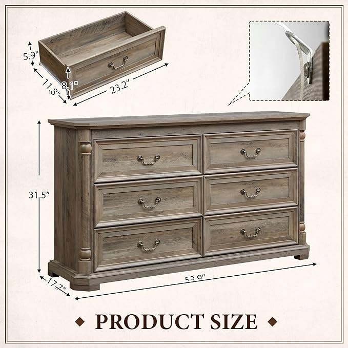 Yechen 6 Drawer Solid Wood Dresser for Bedroom,Storage Dressers Organizer, Vintage Farmhouse 6 Drawer Dresser for Bedroom,Heavy Duty Rustic Chest of Drawers for Living Room(Light Rustic Oak)