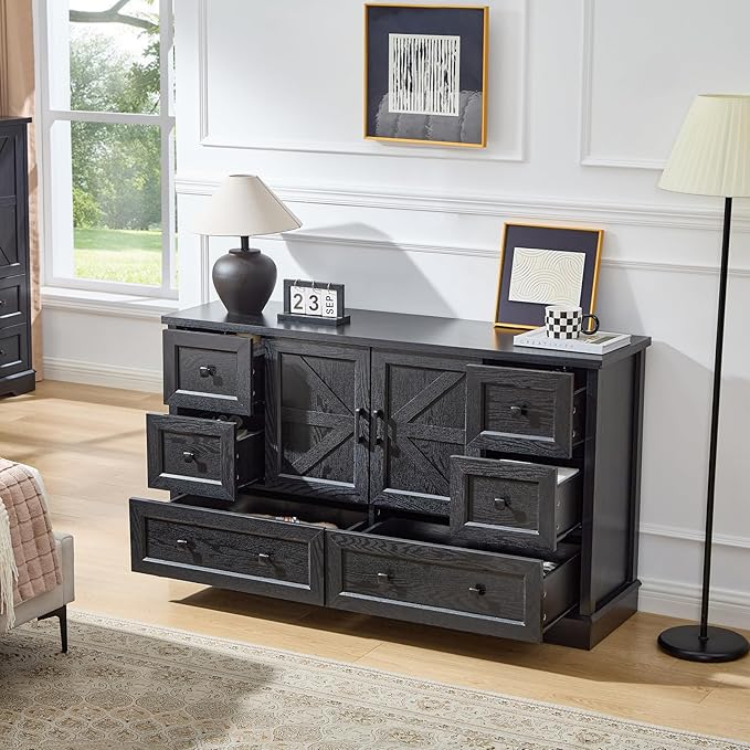 SOOWERY Dresser for Bedroom, Farmhouse Dresser with 6 Wooden Drawers and Storage Cabinet, 55 Inches Tall Chest of Drawers for Bedroom, Living Room, Hallway, Black