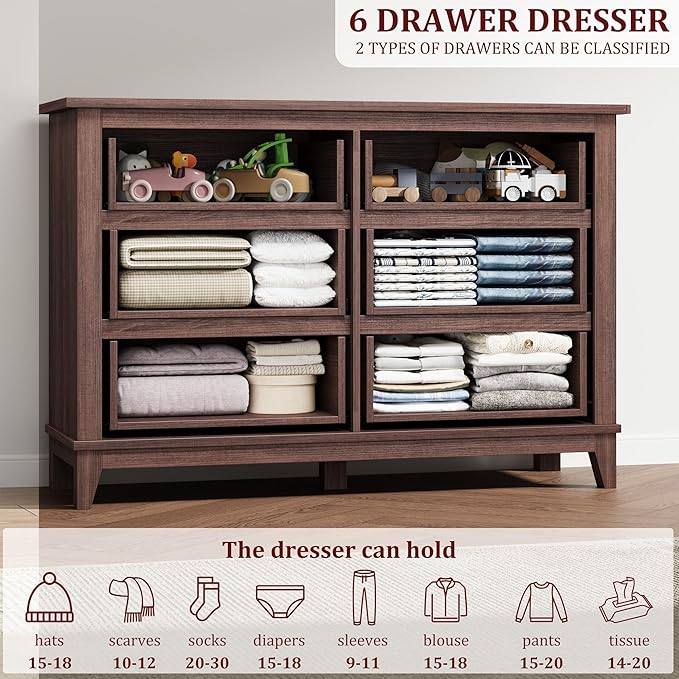 GarveeHome 6 Dresser for Bedroom, 47" Wide Drawer Dresser with Storage Freestanding, Wooden Closet Storage Chest for Living Room, Bedroom, Entryway, Walunt