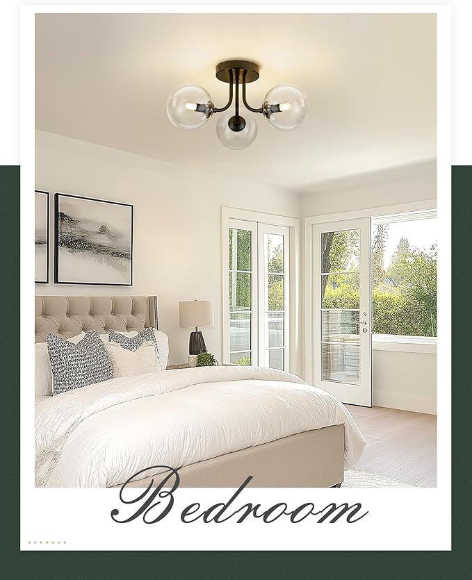 3-Globe Black Flush Mount Ceiling Light in a Modern Farmhouse Design is Ideal for Living Rooms, Bedrooms, or Dining Rooms. Model:CKCL4845-3W-CLBK