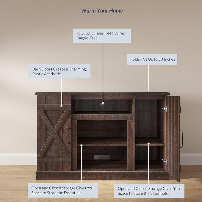 BELLEZE Industrial 47 Inch Rustic Wood TV Stand & Media Entertainment Center Console Table for TVs up to 50 Inch w/Open Storage Shelves & Cabinets - Veropeso (Espresso)