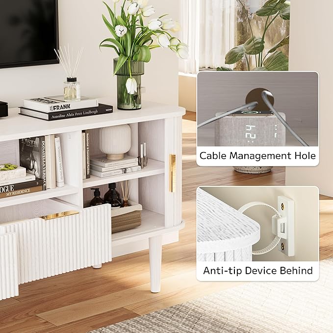 TV Stand 62.4 Inch Mid Century Modern Media Console Table with Drawer Sliding Tambour Door Farmhouse Sideboard Buffet Cabinet Fits TVs up to 75 inch Fluted Wood Entertainment Center(White)