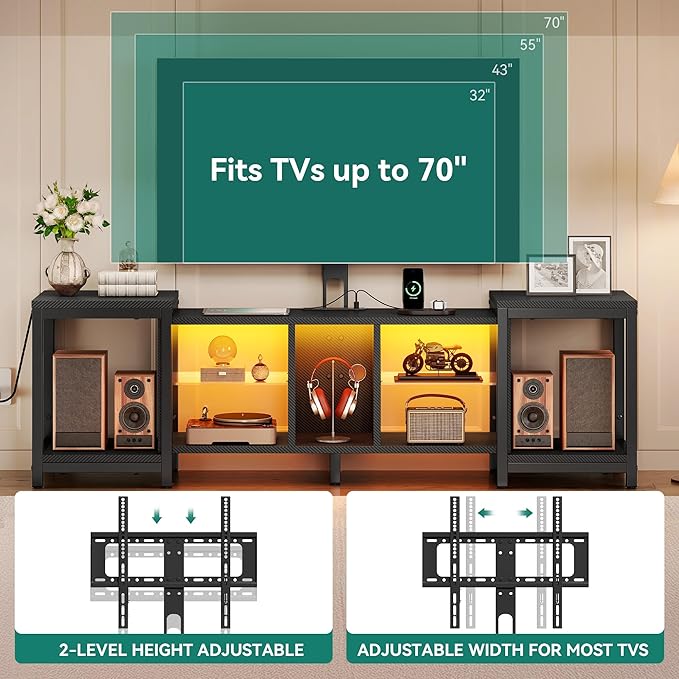 YITAHOME TV Stand with Mount for Living Room, Black Modern TV Stand for 70inch TV with Power Outlet & LED Lights, LED Entertainment Center, Gaming TV Console Cabinet, Black Carbon Fiber