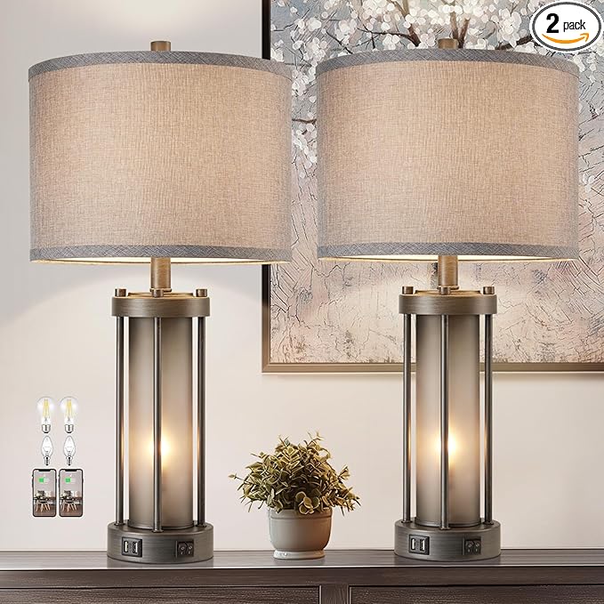 Set of 2 Rustic Table Lamps for Living Room with 2 USB Ports, Vintage Bedside Lamps with Gray Frosted Glass Night Light for Bedroom Desk Lamps for Entryway, 4 Bulbs Included
