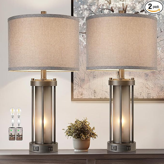 Set of 2 Rustic Table Lamps for Living Room with 2 USB Ports, Vintage Bedside Lamps with Gray Frosted Glass Night Light for Bedroom Desk Lamps for Entryway, 4 Bulbs Included