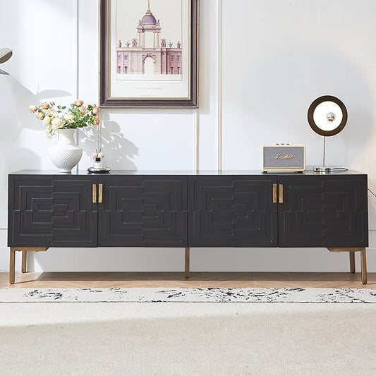 78'' Modern TV Stand with Gold Iron Legs, 4-Door Black TV Table with Shelves, Mid Century Media Console Table for TVs Up to 80''