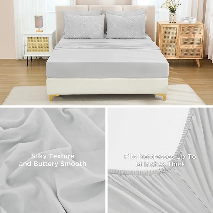 Andency California King Size Comforter Set with Sheets Light Grey - 7 Pieces Bed in a Bag Cal King Boho Tufted Lightweight Bedding Sets with Comforter, Sheets, Pillowcases & Shams