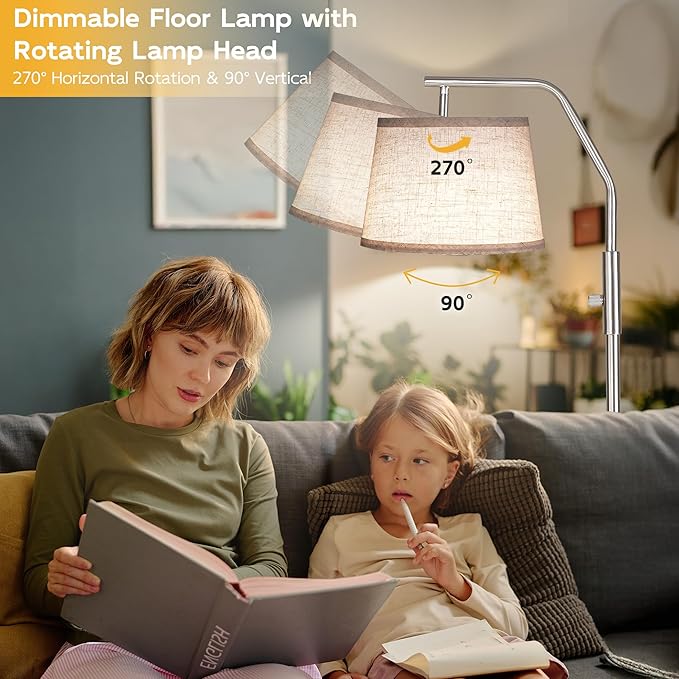 SUNMORY Floor Lamps for Living Room, 9W Bulb Included, Lamp for Bedroom with Adjust Head, Standing Lamp with Rotary Switch, 0-100% Dimmable Floor Lamp for Living Room Bedroom Office Nursery, Nickel.