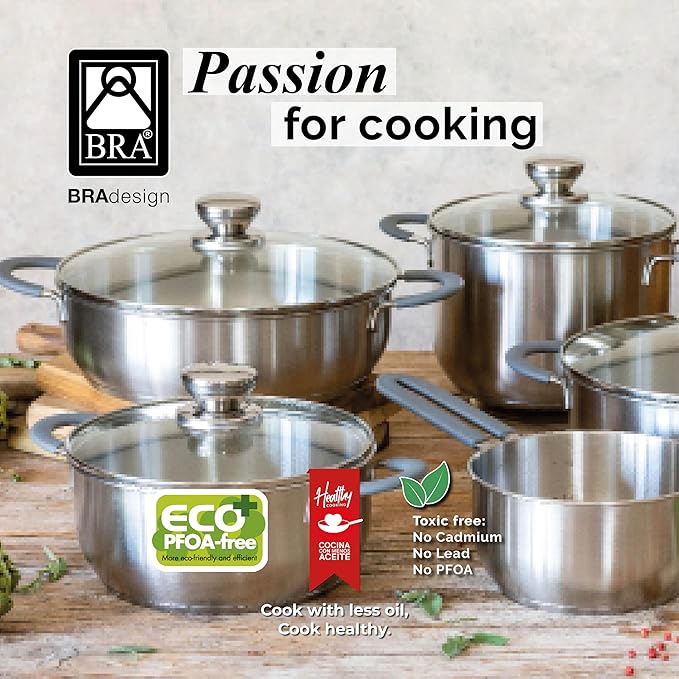 BRA COOKWARE Master 9 Piece Cookware Set | Stainless Steel Professional Kitchenware Set | 2 Pots, 1 Sauté Pan, 3 Frying Pans, 3 Lids | All Stovetop Compatible | PFAS Free | w/o Non-Stick