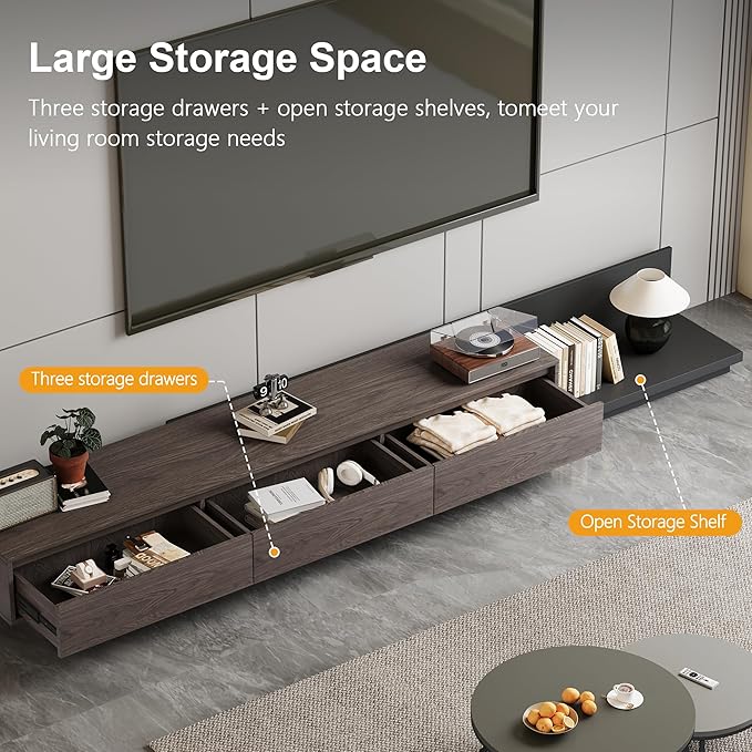 78.7–130" Extendable TV Stand with 3 Drawers - Mid-Century Modern Adjustable Entertainment Center, Perfect for Living Room, Black Walnut