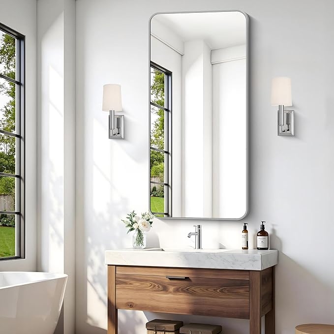 48x24 Inch Silver Bathroom Mirror, Metal Framed Silver Rectangle Mirror, Rounded Rectangular Vanity Mirror, Wall Mounted Mirrors for Living Room Bedroom Entryway Hangs Horizontal or Vertical